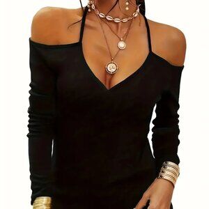 BLACK SHIRT - LONG SLEEVE CUT OUT  WITH V NECK SIZE XL - NWT